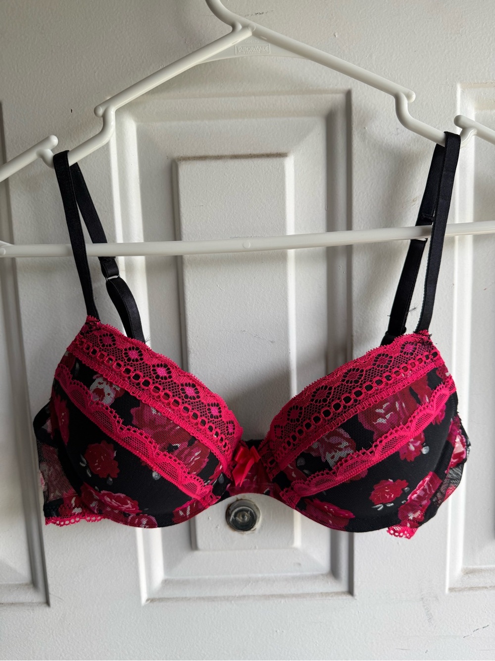 Candie's Black Bra with Fuchsia Floral Lace Trim